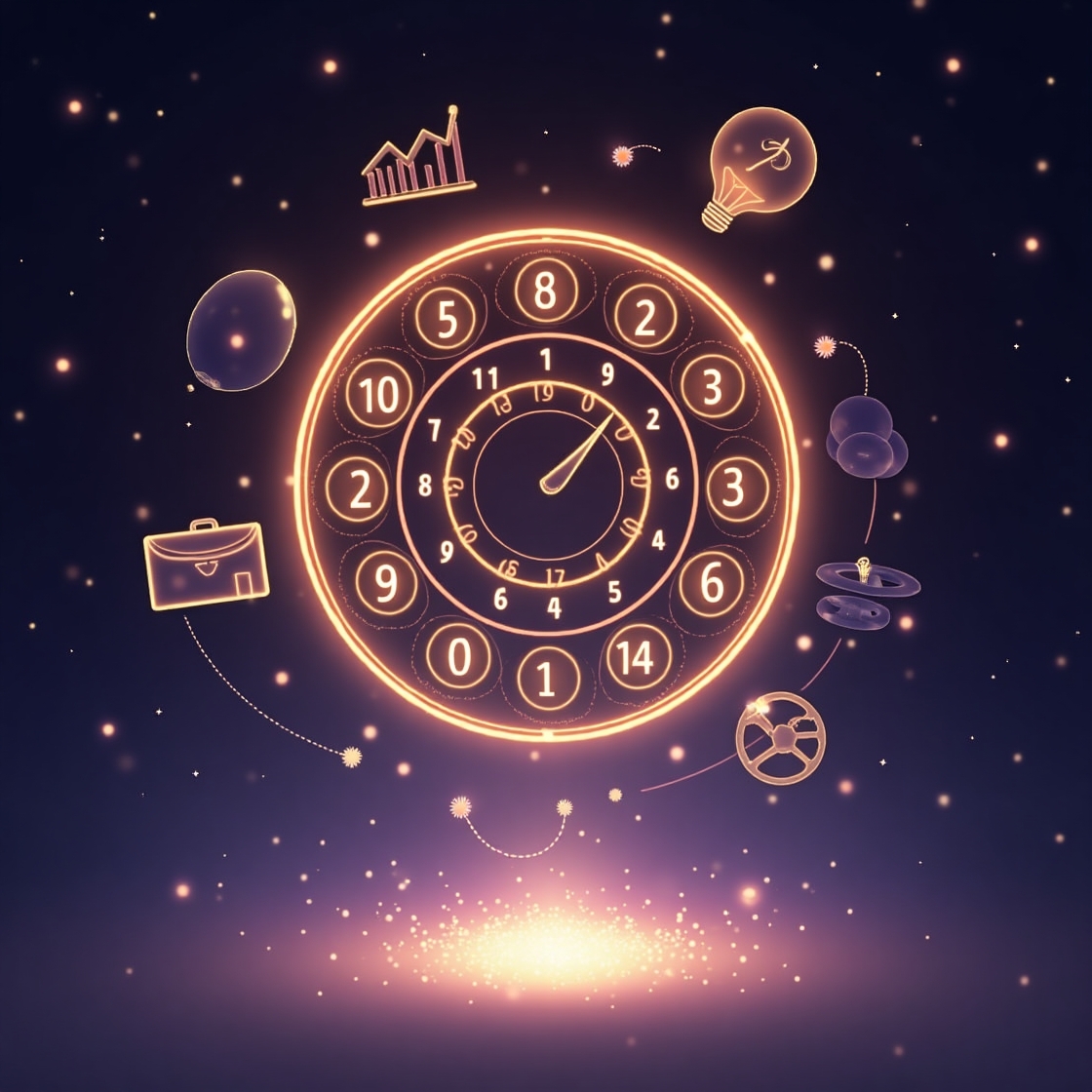 A glowing chart of numbers and business icons, symbolizing the connection between numerology and business success
